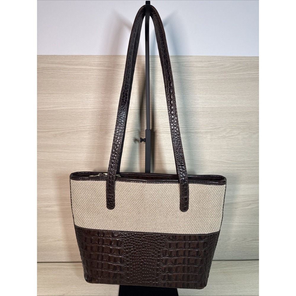Brahmin Satchel Handbag Burlap & Croc Embossed Leather With Shoulder‎ Bag